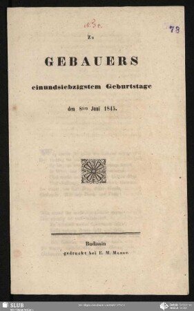 Zu Gebauers einundsiebzigstem Geburtstage, den 8ten Juni 1845