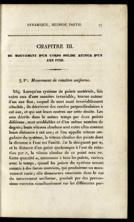 Chapitre III. Du mouvement d'un corps solide autour d'un axe fixe.