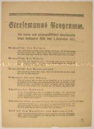 Flugblatt mit Zitaten aus Gustav Stresemanns Stuttgarter Rede 1923 zur Anregung eines Sicherheitspaktes