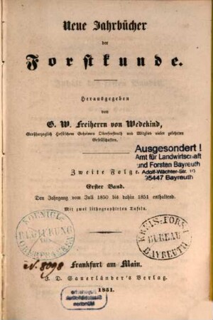 Neue Jahrbücher der Forstkunde. 1. 1850/51 (1851)