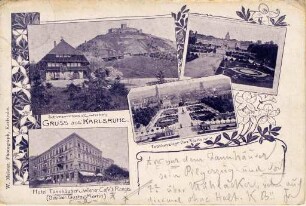 Postkartenalbum. "Gruss aus Karlsruhe". Blick vom Schlossturm, Schloss, Schwarzwaldhaus mit Lauterberg, Hotel Tannhäuser und Wiener Café I. Ranges (Besitzer: Gustav Martin)