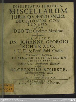 Dissertatio Iuridica Miscellarum Iuris Quaestionum Decisionem Continens