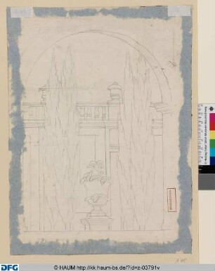 Kassel: Entwurfsskizze für eine Wanddekoration: Blick durch einen Architekturrahmen auf die Karlsaue mit Vase auf Postament von vier Bäumen gesäumt
