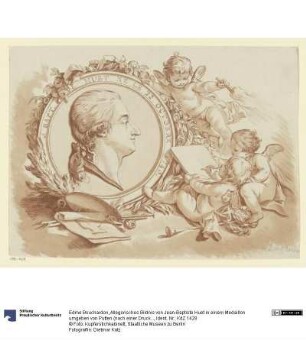 Allegorisches Bildnis von Jean-Baptiste Huet in einem Medaillon umgeben von Putten (nach einer Druckgraphik von Demarteau)