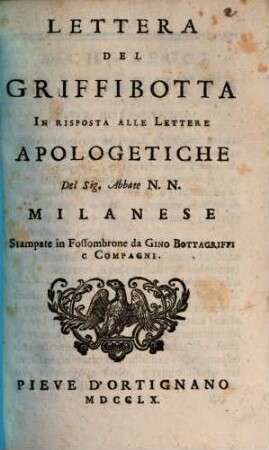 Lettera ... in riposta alle Lettere apologetiche del Sig. Abbate N. N.