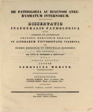 De pathologia ac diagnosi aneurysmatum internorum : Diss. inaug. pathol. ; cum tab. lith.