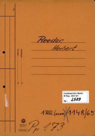 Personenheft Herbert Reeder (*25.12.1896), Kriminalkommissar und SS-Obersturmführer