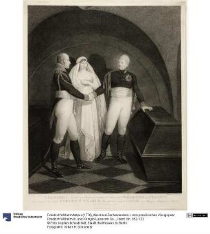 Abschied Zar Alexanders I. vom preußischen Königspaar Friedrich Wilhelm III. und Königin Luise am Sarge Friedrichs des Großen in der Garnisonkirche von Potsdam am 4. November 1805