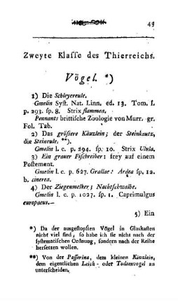 Zweyte Klasse des Thierreichs. Vögel.