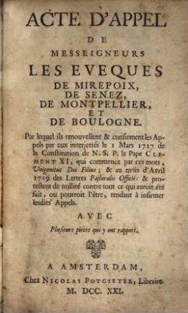 Acte d'appel de Mrs. les Eveques de Mirepoix