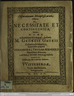 Disputationum metaphysicarum octava, de necessitate et contingentia