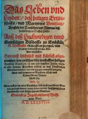 Das Leben und Leiden des Heil. Erzbischofs und Martyrers S. Bonifacii in Fulda
