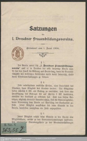 Satzungen des I. Dresdner Frauenbildungsvereins : erneuert am 1. Juni 1900