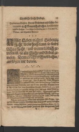 Leichen-Text stehet beschrieben im 11. Vers des XC. Psalms/ mit folgenden Worten: