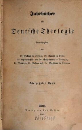 Jahrbücher für deutsche Theologie. 14, 14. 1869