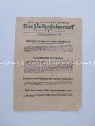 Nachrichtenblatt der sächsischen NSDAP-Zeitung "Der Freiheitskampf" mit Kurzmeldungen von verschiedenen Kriegsschauplätzen u.a. über die Luftangriff auf amerikanische Flugzeuge in Japan