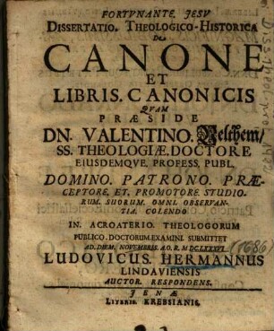 Dissertatio Theologico-Historica De Canone Et Libris. Canonicis