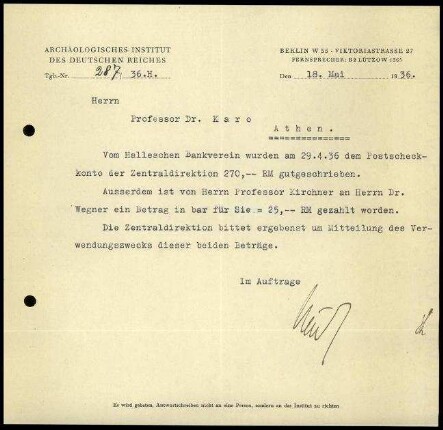 DAI Zentrale an G. Karo