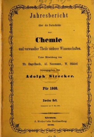 Jahresbericht über die Fortschritte der Chemie und verwandter Teile anderer Wissenschaften, 1868,2 (1870)