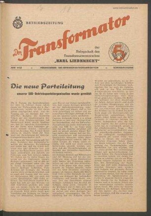 TRO-Betriebszeitung 'Der Transformator'; Sonderausgabe/1952 (Juni 1952)