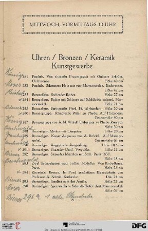 Mittwoch, vormittags 10 Uhr: Uhren / Bronzen / Keramik / Kunstgewerbe (Nr. 281 - 417)