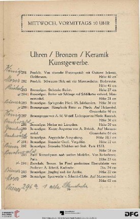 Mittwoch, vormittags 10 Uhr: Uhren / Bronzen / Keramik / Kunstgewerbe (Nr. 281 - 417)