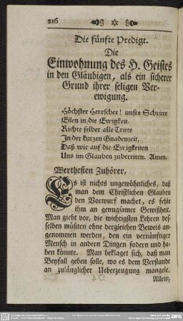 Die fünfte Predigt. Die Einwohnung des H. Geistes in den Gläubigen, als ein sicherer Grund ihrer seligen Verewigung
