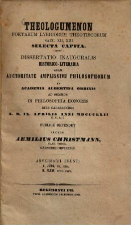 Theologumenon poetarum lyricorum theotiscorum saec. XII, XIII selecta capita : Diss. inaug. historico- literaria