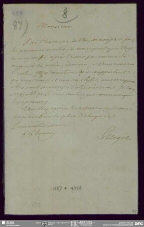 Eigenh. Brief von August Wilhelm von Schlegel an Unbekannt, o.O., ohne Datumsangabe