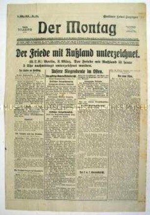 Montagsausgabe des "Berliner Lokal-Anzeiger" zur Unterzeichnung des Friedensvertrages zwischen Deutschland und Sowjet-Rußland (Vertrag von Brest-Litowsk)