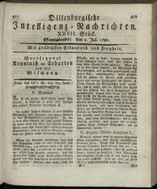 XXVII. Stück. Sonnabends: den 2. Jul. 1791.