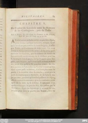 Chapitre V. Du Combat de Cavalerie entre les Romains & les Carthaginois, près du Tessin