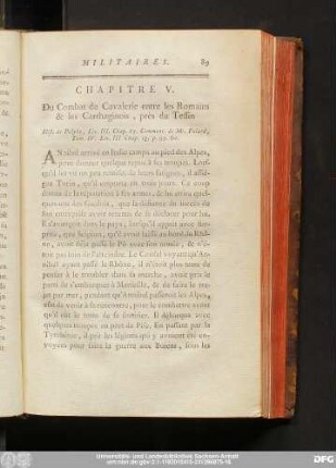 Chapitre V. Du Combat de Cavalerie entre les Romains & les Carthaginois, près du Tessin