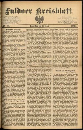 Erste Ausgabe vom Donnerstag, den 23. Juni 1892.