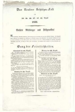 Festplakat Neusser Schützenfest von 1833