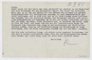 Brief von Raoul Hausmann an Elfriede Hausmann. [Poststempel: Limoges]. Anlage: Vollmacht von Raoul Hausmann für Elfriede Hausmann-Schaeffer, betr. Rechtsvertretung bei einer Veröffentlichung von "Hyle"