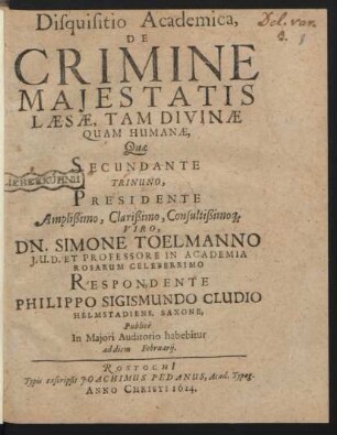 Disquisitio Academica, De Crimine Maiestatis Laesae, Tam Divinae Quam Humanae