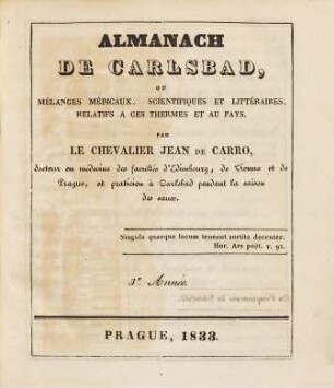 Almanach de Carlsbad ou mélanges médicaux, scientifiques et littéraires, relatifs à ces thermes et au pays, 3. 1833
