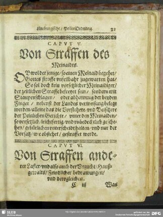 Caput VI. Von Straffen anderer Laster, und also auch der Unzucht, Haußgewalts, Feindlicher bedrawungen und derogleichen