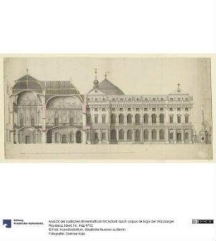 Ansicht der südlichen Ehrenhoffront mit Schnitt durch corpus de logis der Würzburger Residenz