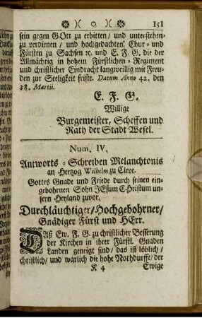Num. IV. Antworts-Schreiben Melanchtonis an Hertzog Wilhelm zu Cleve.