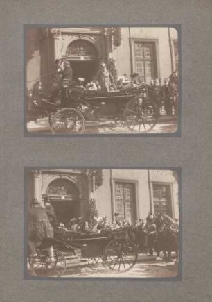 oben: Großherzog Friedrich I. von Baden und Großherzogin Luise beim Besteigen einer Kutsche vor der Universität Heidelberg unten: Großherzog Friedrich I. von Baden und Großherzogin Luise in einer Kutsche vor der Universität Heidelberg