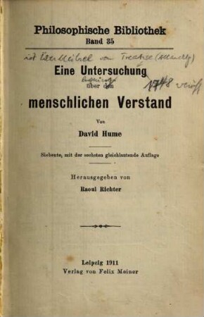 Eine Untersuchung über den menschlichen Verstand : von David Hume. Hrsg. von Raoul Richter