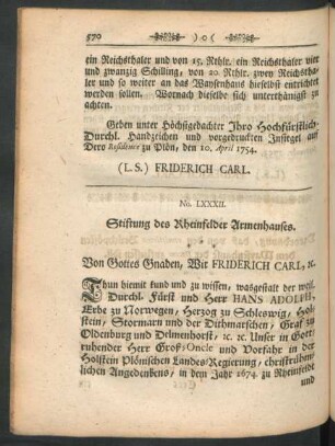 No. LXXXII. Stiftung des Rheinfelder Armenhauses
