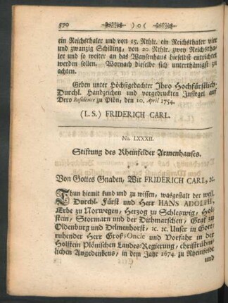 No. LXXXII. Stiftung des Rheinfelder Armenhauses