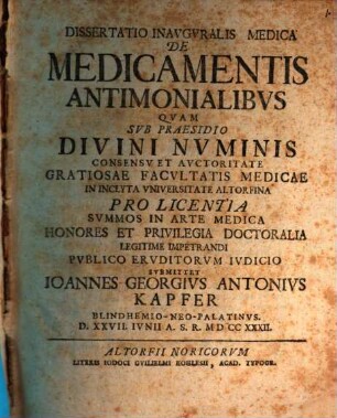 Dissertatio Inavgvralis Medica De Medicamentis Antimonialibvs