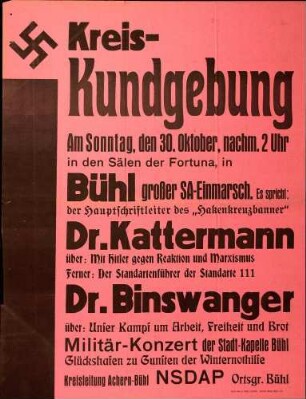 Versammlung der NSDAP-Ortsgruppe Bühl: Mit Hitler gegen Reaktion und Marxismus