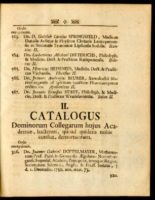 II. Catalogus Dominorum Collegarum hujus Academiae, hactenus, quoad quidem nobis constat, demortuorum