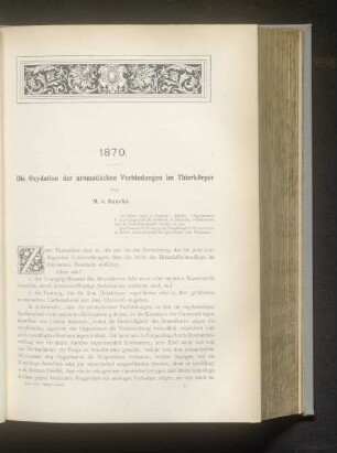 1870. Die Oxydation der aromatischen Verbindungen im Thierkörper.