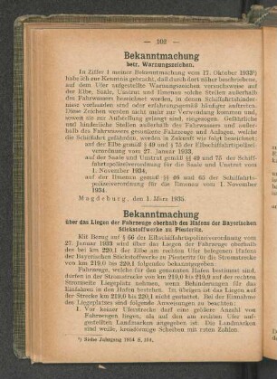 Bekanntmachung über das Liegen der Fahrzeuge oberhalb des Hafens der Bayrischen Stickstoffwerke zu Piesteritz.